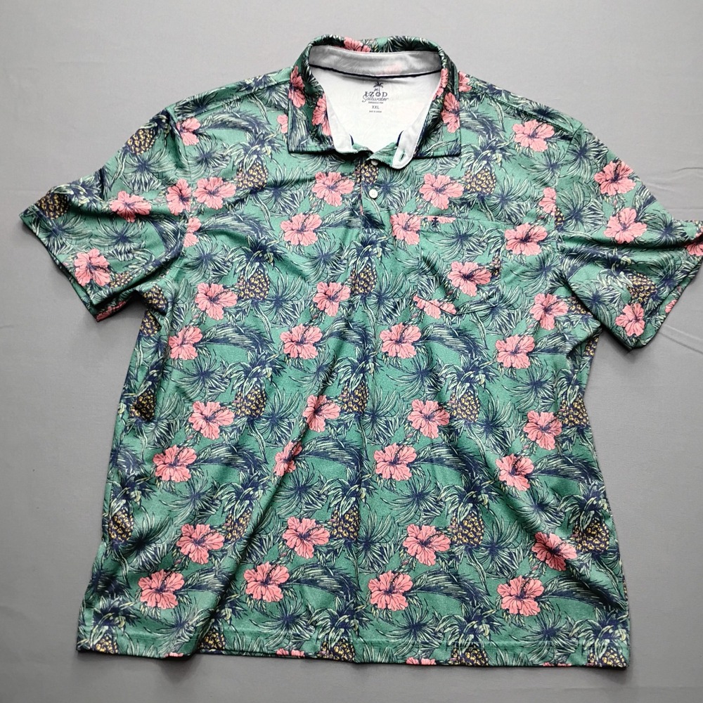 IZOD Saltwater Sunshield Pro Mens XXL Green Hibiscus Pineapple Tropical Polo